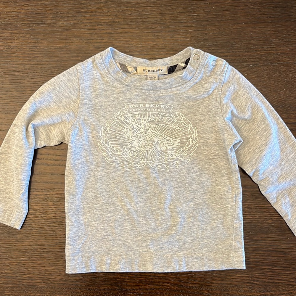 12 Month Burberry Long Sleeve Shirt, Heathered Grey